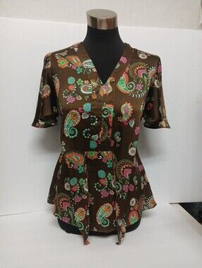 Womens Brown Satin Paisley Tie Front Ruffled Sleeve Blouse Top Size S Fairy Boho